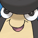 Character with a wide-eyed, mischievous smirk and a dark hat.