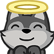A gray wolf with a closed-eye smile wearing a golden halo above its head.
