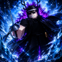 Roblox character wearing a black outfit and sunglasses, surrounded by a glowing blue and purple magical aura.