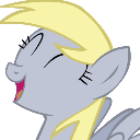 Derpy Hooves with a happy, cross-eyed expression looking upward.