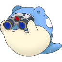 Spheal the round blue Pokémon looking through black binoculars with a focused expression.