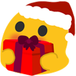 A yellow blob wearing a Santa hat and holding a red gift box with a purple bow.