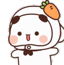 A cute character wearing a carrot-themed hoodie with a playful, happy expression.