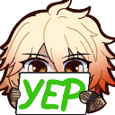 Anime character with blonde hair holding a white sign with the word YEP written in green text.