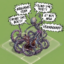 A grey, multi-tentacled creature waving its arms with multiple speech bubbles containing excited text on a green background.