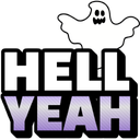 A white cartoon ghost floating above the words HELL YEAH in bold white and purple text.