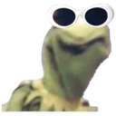 Kermit the Frog wearing white sunglasses with a smug, unbothered expression.