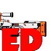 A pixelated futuristic rifle with the red letters ED overlaid in front.
