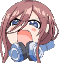 Miku Nakano with a wide-open mouth screaming in frustration while wearing blue headphones.