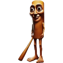 Wooden character with wide eyes and a grin holding a stick.