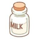 A small glass bottle filled with white milk and a cork stopper, drawn in a simple, cute, flat style.