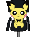 Pichu rotates in a black office chair in a continuous loop.