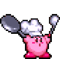 Kirby wearing a chef hat and holding a frying pan in a pixel art style.