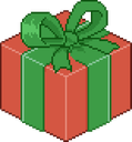 A red square gift box with a green ribbon and bow in a pixel art style.