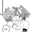 Two cat-eared characters sharing a romantic kiss in a black and white anime art style.