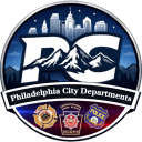Philadelphia City Departments circular emblem featuring mountains and city skyline with police and fire department insignias.