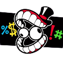 A cartoon mouth wearing a top hat with teeth bared and colorful profanity symbols surrounding it.