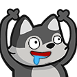 Wolf monster with wide eyes and a blue tongue hanging out, raising its arms in celebration.