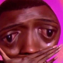 Person with a heavily distorted face and wide eyes covering their mouth with their hand in shock.