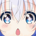 Chino Kafuu with large sparkling blue eyes and an open mouth looking pleadingly.