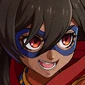 Anime girl wearing a blue superhero mask with a wide, mischievous grin.