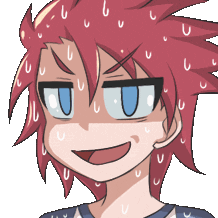 Anime boy with red hair and blue eyes sweating while giving a nervous, forced smile.