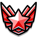 Red star emblem with stylized wings on a black background.