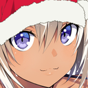 Ene from Mekakucity Actors wearing a red Santa hat and smiling with purple eyes.