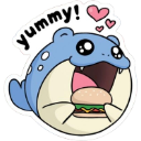 Spheal eating a hamburger with a happy expression and hearts floating above its head.