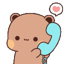 A cute brown bear holding a blue telephone receiver with a small pink heart floating above its head.