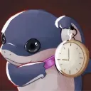 A cute blue creature holding a gold pocket watch and looking at it with wide eyes.