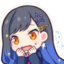 Anime girl with wide orange eyes and blue hair looking panicked with hands near her face.