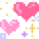 Pink pixel hearts surrounded by yellow and purple sparkling stars and cross symbols.