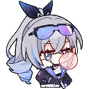 Silver Wolf from Honkai Star Rail wearing sunglasses and blowing a pink bubblegum bubble.