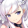 Anime girl with white hair and purple eyes giving a smug, mischievous smirk.