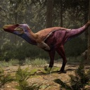 Allosaurus dinosaur standing in a forest with purple and brown scales.
