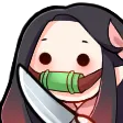 Nezuko Kamado with a blank expression holding a kitchen knife while wearing her signature bamboo muzzle.