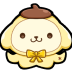 Pompompurin the yellow dog wearing a brown beret and a yellow bow tie smiling.