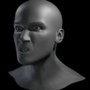 A 3D rendered bald man's head with an angry, strained facial expression set against a black background.