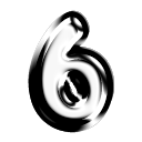 Number six rendered in a glossy, liquid chrome style with high contrast lighting.