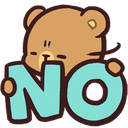 A cute brown bear holding a large blue sign that says NO.