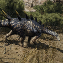 Kentrosaurus walking through a grassy field with its spiked tail visible.
