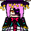 A character wearing a star-covered hat with pink hair and a smug, smirking expression.