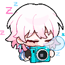 A pink-haired anime character sleeping while holding a blue camera with Zzz symbols floating around.