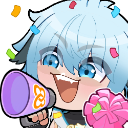 Sei with blue hair cheering enthusiastically while holding a purple megaphone and pink pom-poms.