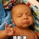 Baby making an okay hand gesture with a serious expression and the text 10 DIEM at the bottom.
