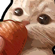 A sad-looking kitten with large teary eyes eating a red strawberry.