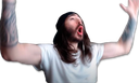 Man with long hair and a beard throwing his arms up in the air with an excited expression.