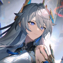 Gengchen with long gray hair and blue eyes looking forward with a calm expression.