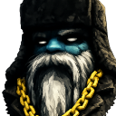A blue-skinned man with a long white beard, wearing a black fur hat and a thick gold chain, looking directly forward with a …